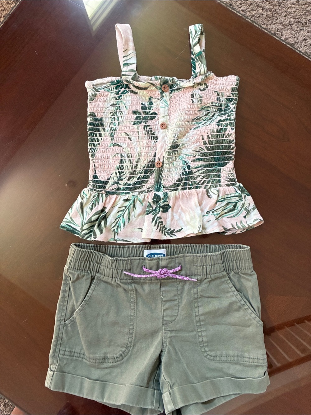 Old Navy Pink Tropical Smocked Tank with Olive Drawstring Shorts